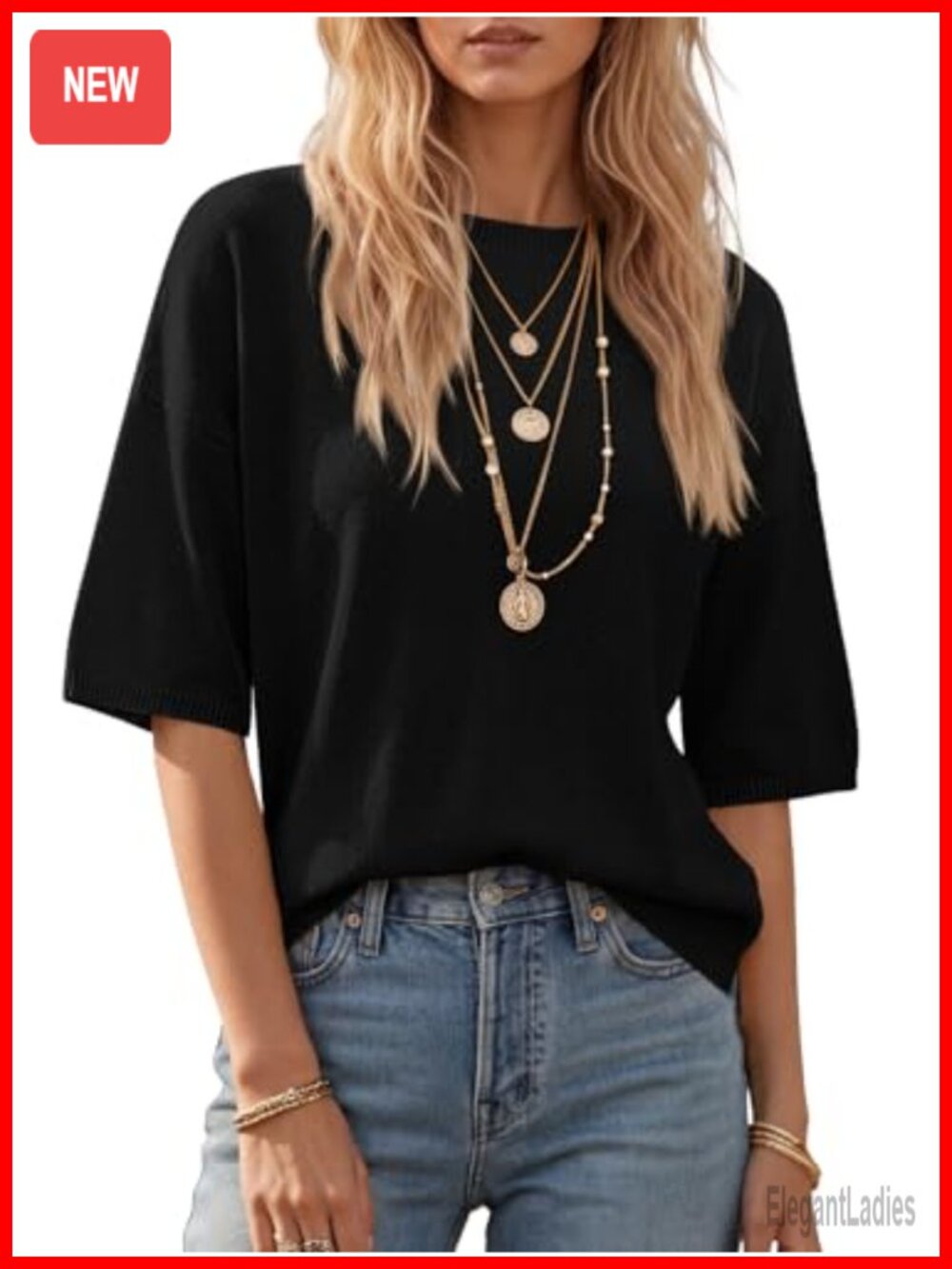 Women Summer Lightweight Knit Crewneck Pullover Sweater 3/4 Sleeve